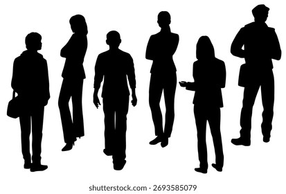 Conjunto de Vector de hombres de negocios de pie y caminando, siluetas de hombres y mujeres con bolsos, vista frontal y posterior, ropa exterior de la calle, perfil, negro, aislado sobre fondo blanco