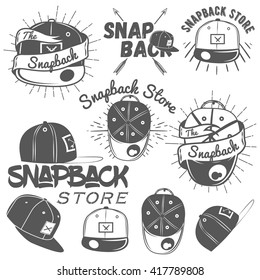 Vector set of snapback store labels in vintage style. Design elements, icons, logo, emblems and badges isolated on white background. Flat cap hats concept illustration.
