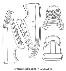 Vector set with sneakers, gumshoes. Isolated objects on white.