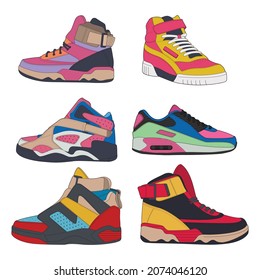 Conjunto de vectores de zapatos de zapatillas para entrenamiento, ilustración del vector del zapato de correr. Zapatos deportivos coloridos.
