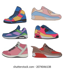 Vector set of sneakers shoes for training, running shoe vector illustration. Sport shoes color full.