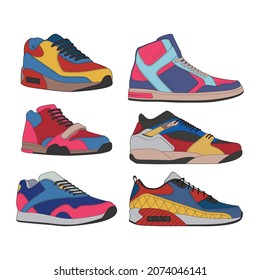 Vector set of sneakers shoes for training, running shoe vector illustration. Sport shoes color full.