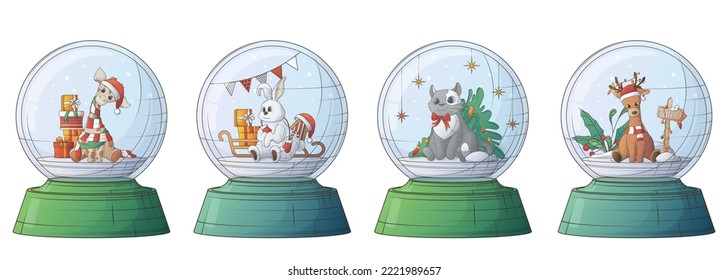 Vektorset aus Schneebällen mit süßen Tieren. Illustration von Kaninchen, Giraffen, Katzen, Hirsch. Für Neujahr und Weihnachtsdekoration, Plakate, Banner, Werbung, Flyer, Cover.