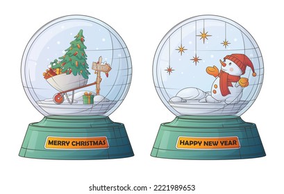 Vector set of snow balls with winter elements and lettering. Illustration of Christmas tree, gifts, snowman. For New year and Christmas decoration, posters, banner, advertising, flyer, cover.