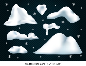 Vector set of snow caps, icicles, snowball and snowdrift isolated on transparent background. Winter decorations. Seasonal elements for design