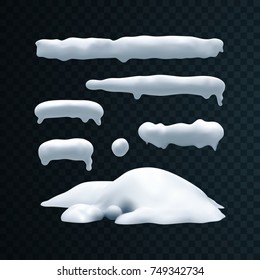 Vector set of snow caps, icicles, snowball and snowdrift isolated on transparent background. Winter decorations. Seasonal elements for design