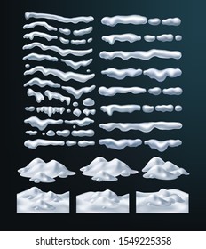 Vector Set of Snow Caps, Snowball or Snowdrift. Winter Decorations 3d Snowy Elements. 