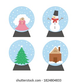 Vector set of snow globes with snowman, angel, fir tree, house. New Year decor items pack. Christmas tree toy isolated on white background. Cute winter Holidays balls for festive decorations.
