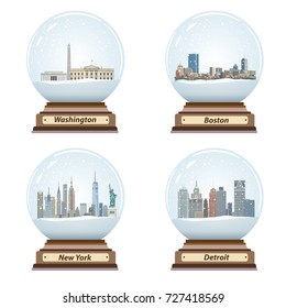 vector set of snow globes with United States city skylines