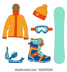 Vector set with snowboard equipment. Hand drawn design elements: snowboard, boots, binding, jacket, glasses, hat. 