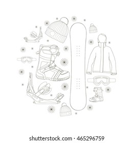 Vector set with snowboard equipment. Hand drawn design elements: snowboard, boots, binding, jacket, glasses, hat. 