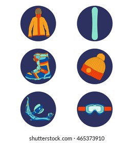 Vector set with snowboard equipment icons. Hand drawn design elements: snowboard, boots, binding, jacket, glasses, hat. 