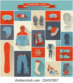 Vector set of snowboard gear with long shadow. Design elements for your extreme winter sport design. 