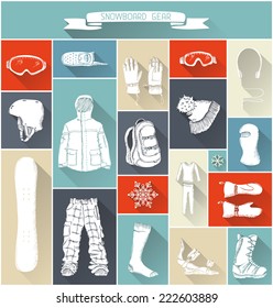 Vector set of snowboard gear silhouettes. Long shadow design. Design elements for your extreme sport design. 