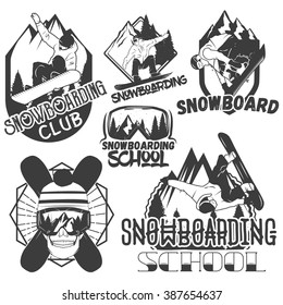 Vector set of snowboard sport labels in vintage style. Snowboarding and outdoor mountain adventure concept illustration. Design elements, icons, logo, emblems and badges isolated on white background. 