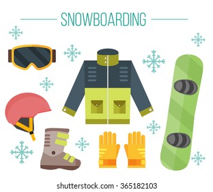 Vector set of snowboarding elements. Snowboard equipment: jacket, boots, helmet, goggles, gloves, deck. Isolated flat icons.White background. Clothes for snowboarding. Extreme sport illustration.