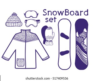 Vector set of snowboarding icons. Hand drawn doodle items.