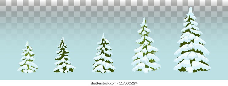 Vector set of snow-covered pine trees for Christmas design, postcards, posters, sales. Different Christmas trees in the snow. Vector illustration. Eps 10.