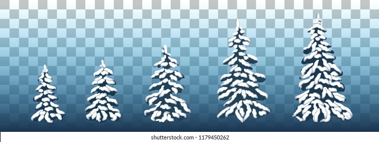Vector set of snow-covered pine trees for Christmas design, postcards, posters, sales. Different Christmas trees in the snow. Vector illustration. Eps 10.