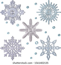 vector set of snowflakes with aerosol texture. magic elegant symmetrical snowflakes isolated on a white background. winter illustration for the design of printed materials, packaging, textiles