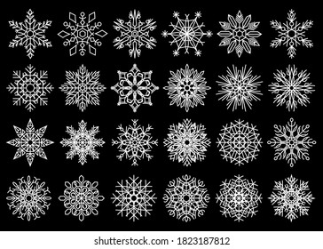 Vector set of snowflakes. Collection of white snow flakes  isolated on black background, Winter isolated decorative design elements for Christmas and New Year design.