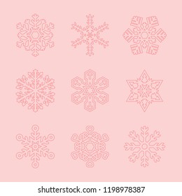 Vector Set of Snowflakes of Different Shapes on a Pink Background. Merry Christmas, Happy New Year Design Elements. Resource for Creating Postcards, Calendars or Posters, Presentations or Banners.