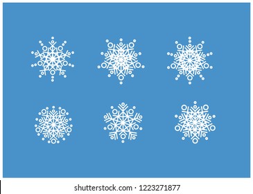 Vector set of snowflakes; graphic white snowflakes on blue background. Flat vector illustration for element for postcards, prints, banners, stickers, promotion, seasonal design and decoration, web.