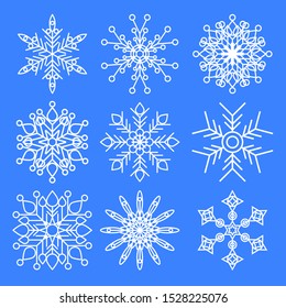Vector set of snowflakes isolated on blue background. New year and Christmas design elements. Perfect for print, banner,poster, greeting card, web sites,apps 