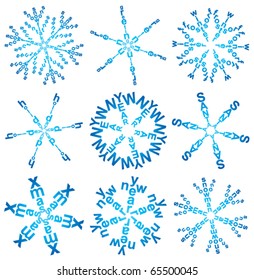 vector set of snowflakes made of words. christmas holiday illustration for happy new year and merry christmas greeting cards