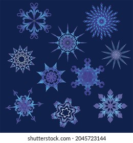 Vector set of snowflakes with an ornament on a blue background