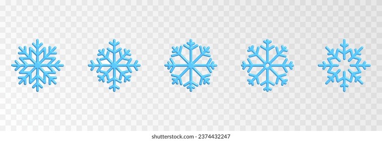 Vector set of snowflakes png. Snowflakes of different shapes PNG. Volumetric blue snowflakes.