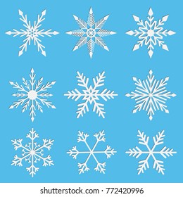 vector set of snowflakes with shadow, light on blue background.