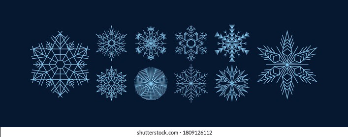 Conjunto de vectores de copos de nieve. La navidad azul invernal llama el elemento cristal.  Xmas frota silueta plana aislada. Colección de hielo de ilustración meteorológica.