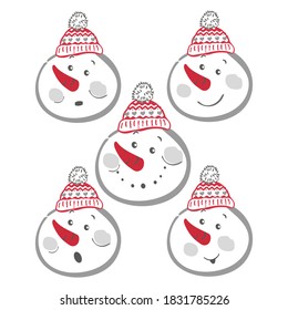 Vector set of snowman head in hats. Faces with different emotions set of funny snowmen isolated on white background.