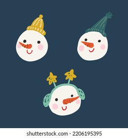 Vector set of snowman heads in hats on blue background. Christmas and New Year Vector Design