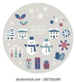Vector set of snowman and winter elements