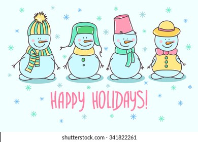 Vector set of snowmen. Card "Happy Holidays"