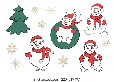 Vectores de hombres de nieve, árboles de Navidad, copos de nieve sobre un fondo blanco al estilo de doodle