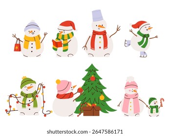 Vector conjunto de muñecos de nieve en sombreros y bufandas. Personajes de invierno dibujados a mano en estilo plano, aislados sobre fondo blanco 