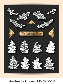 Vector set with snowy christmas tree and branches. Golden decoration