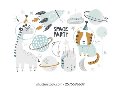 Vector set with soap giraffe and tiger cosmonauts in birthday caps, cake with candles. Birthday. Space party for children. Planets, stars and rocket. Saturn, Moon. Cosmos elements. Space adventure.