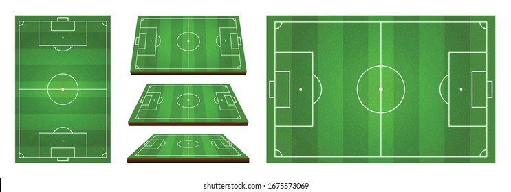 Vector set of Soccer, European football field in top view and different perspective view.