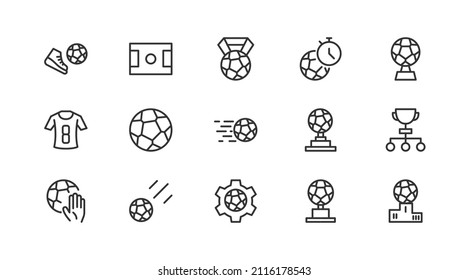 Vector set of soccer  thin line icons. Design of 20 stroke pictograms. Signs of soccer  isolated on a white background.