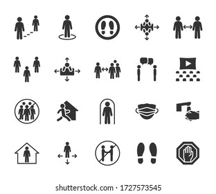 Vector Set Of Social Distance Flat Icons. Contains Icons Safe Distance, Self-isolation, Avoiding Crowds, Stay Home, Talking At A Distance, Safe Workplace, And More. Pixel Perfect.