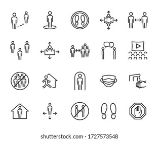 Vector set of social distance line icons. Contains icons safe distance, self-isolation, avoiding crowds, stay home, talking at a distance, safe workplace, and more. Pixel perfect.