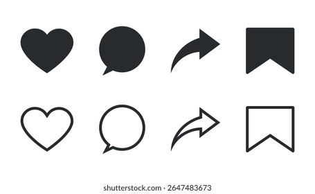 Conjunto vetorial de ícones de ação de mídia social, incluindo curtir, comentar, compartilhar e salvar nos estilos preenchido e de estrutura de tópicos. Símbolos de interface de rede social de estilo duplo: versões preenchidas e traçadas de comum em