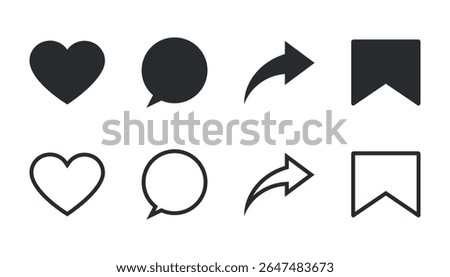 Vector set of social media action icons including like, comment, share, and save in both filled and outline styles. Dual-style social network interface symbols: filled and stroke versions of common in