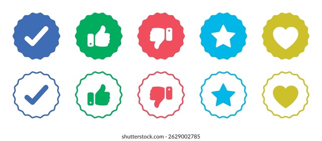 Conjunto vetorial de ícones de mídia social como, não gosto, verificar, estrela e coração em estilos sólidos e de contorno. Ideal para interface do usuário, UX, aplicativos, sites e interfaces digitais. Elementos de design limpos e modernos. Ícones.