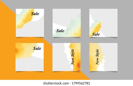 Vector set of social media post template. Square editable watercolor sale poster. Great for fashion and others digital marketing sales and discount promotional web banner design.