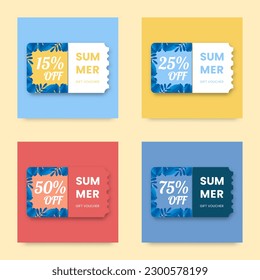 Vector set of social media post design templates for summer vacation concept, with colorful backgrounds and discount vouchers for promotions.